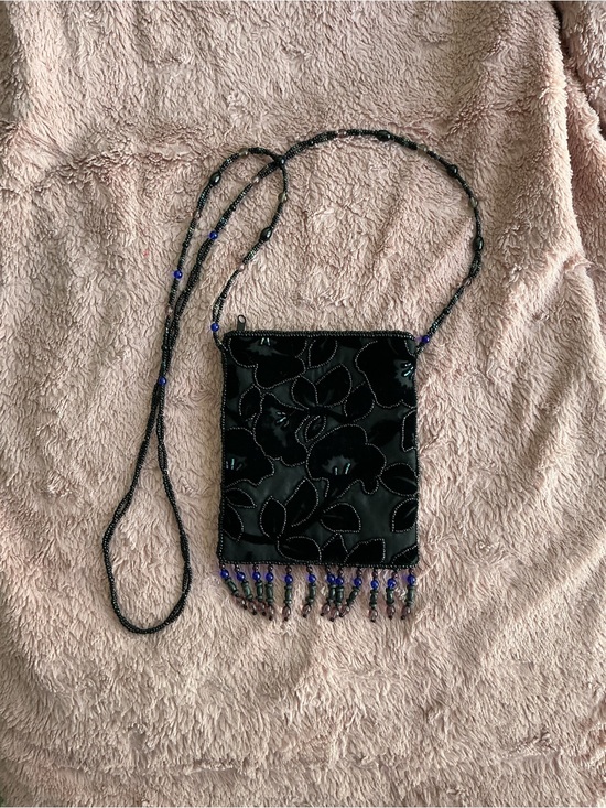 Handbags - Black Beaded Velvet Crossbody Bag with Floral Appliqué